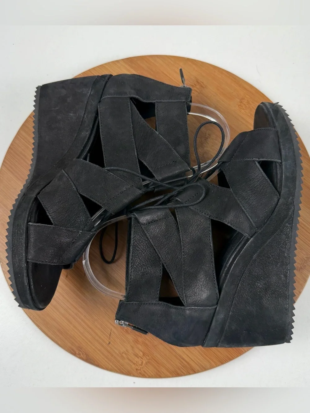 Eileen Fisher Dibs Black Lace-Up Strappy Wedge Sandals